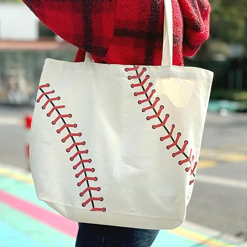 Miniatura 4 de Bolsa de béisbol para mujer, bolsa grande de lona de algodón de béisbol, reutilizable, bolsa de compras, playa, viaje, deporte, gimnasio, bolsa de