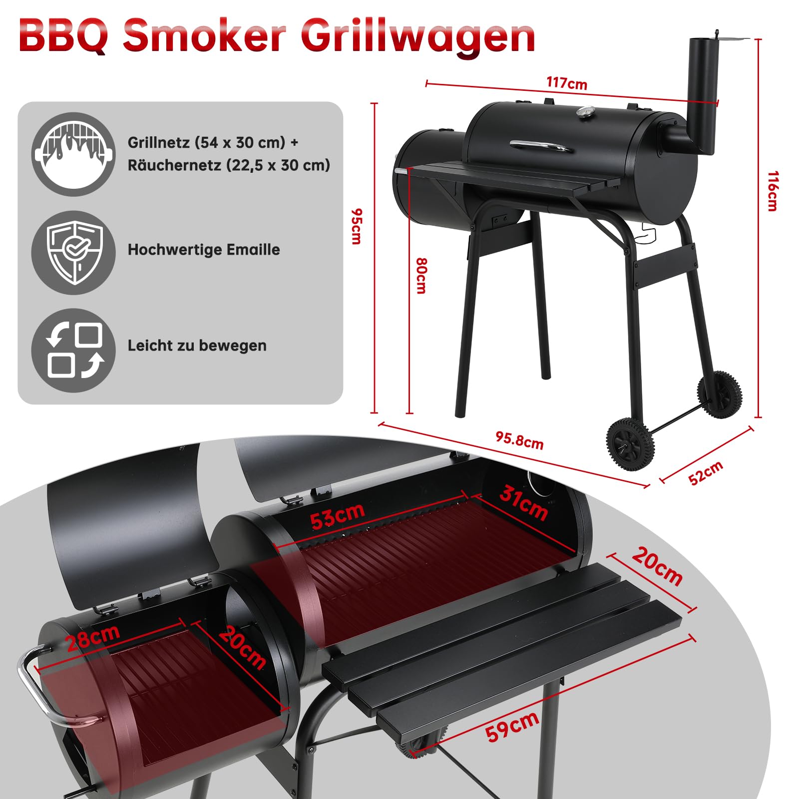 TLSUNNY Holzkohle Smoker Grill mit Schornstein, Holzkohlegrill Grillwagen mit 2 Kammern, Thermometer, Grillablage, 2 Rädern, Räucherofen und Grillfunktion, Smoker Räucherofen für Grillpartys