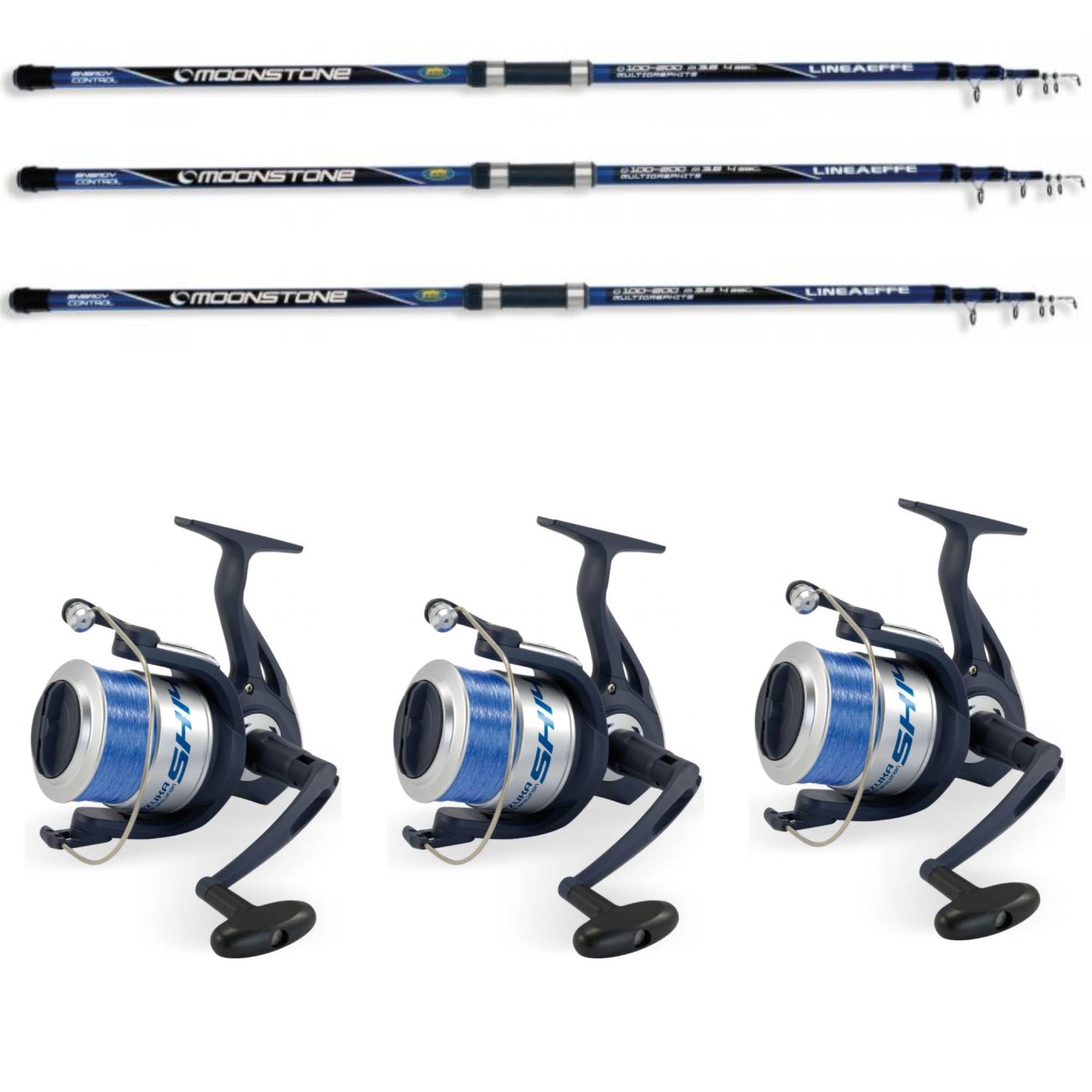 Canna Pesca Surfcasting MT. 4,20 GR. 200 Mulinello Filo Kit Combo 3 Canne + Mulinelli 7000
