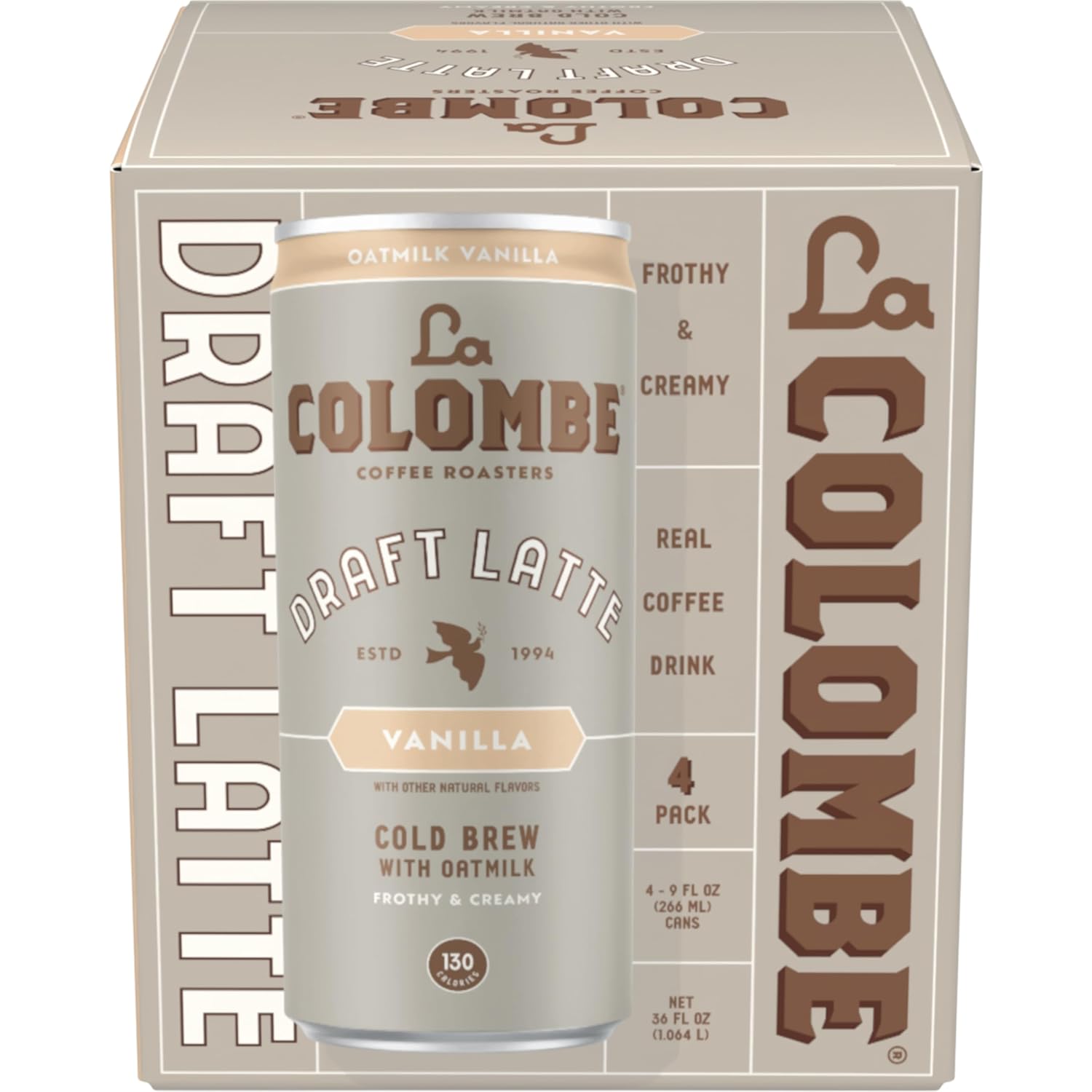 La Colombe Vanilla Draft Latte with Oatmilk - 9 Fl. Oz. 4 Pack - 100% Arabica Brazilian Cold Brew Coffee with Nitrous-Infused Oatmilk, Dairy-Free Vegan Latte, 120mg Natural Caffeine