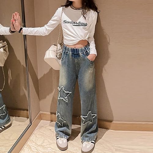 Girls Jeans Cute Heart Embroidery Print Vintage Denim Pants Wide Leg Casual Loose Fit Elastic Straight Trousers with Pockets(A06 Blue,11-12 Years)