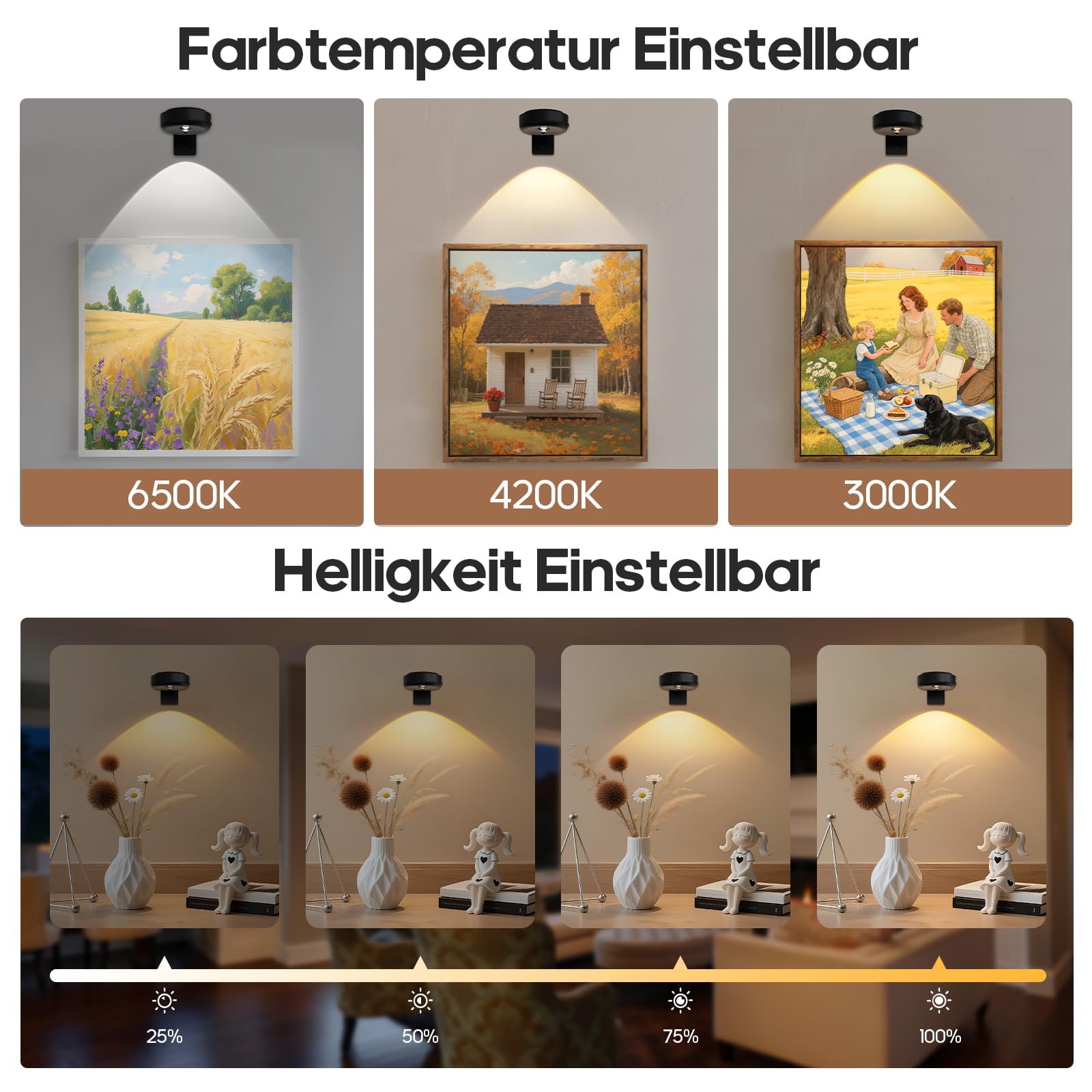 GOODEA Lichtleuchte Kabellos 2200mAh Aufladbar LED Spot Akku mit Fernbedienung und Timer- 3 Farben Dimmbar Bildbeleuchtung Kabellos Licht für Wand Bild Vitrinen Halloween Beleuchtung 6er Set