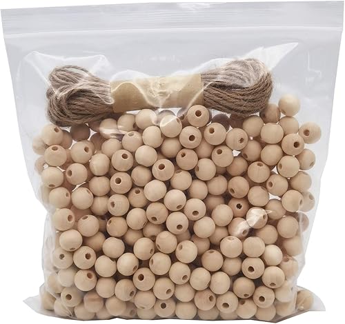 INSPIRELLE 540 cuentas de madera natural de 0.472 pulgadas (0.472 in), redondas sin terminar, cuentas sueltas de madera con cuerda de yute de 32.8