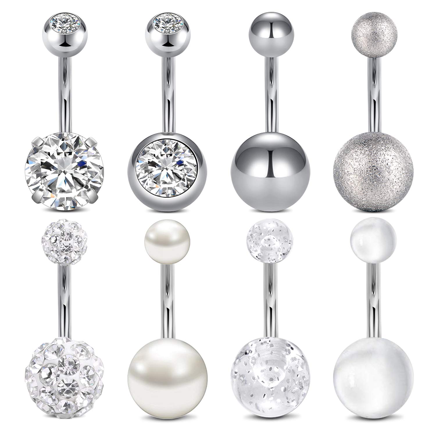 LAURITAMI Piercing Ombligo Set Acero Quirúrgico Barbells Retainer Pearl Cristal CZ Cuerpo Percing Joyas 10mm 14G