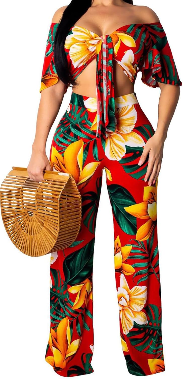 sexycherry Two Piece Outfits for Women Beach Bandage Crop Top Long Straight Pants Vacation Swimwear Cover Ups Sets