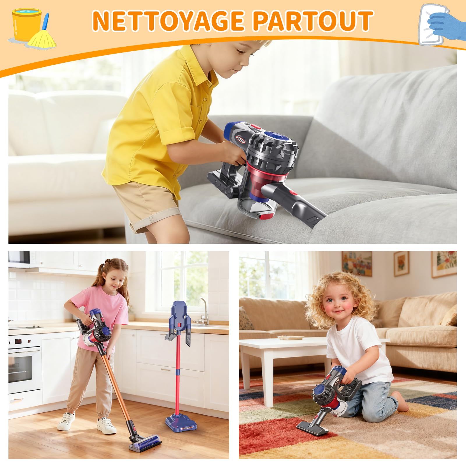 Aspirateur Électrique Jouet, 3-en-1Aspirateur Enfant Fonctionnel, Kit Menage Vrai Aspirateur Enfant, Jouet Éducatif pour Cadeau pour Garçons et Filles de 3 à 6 Ans