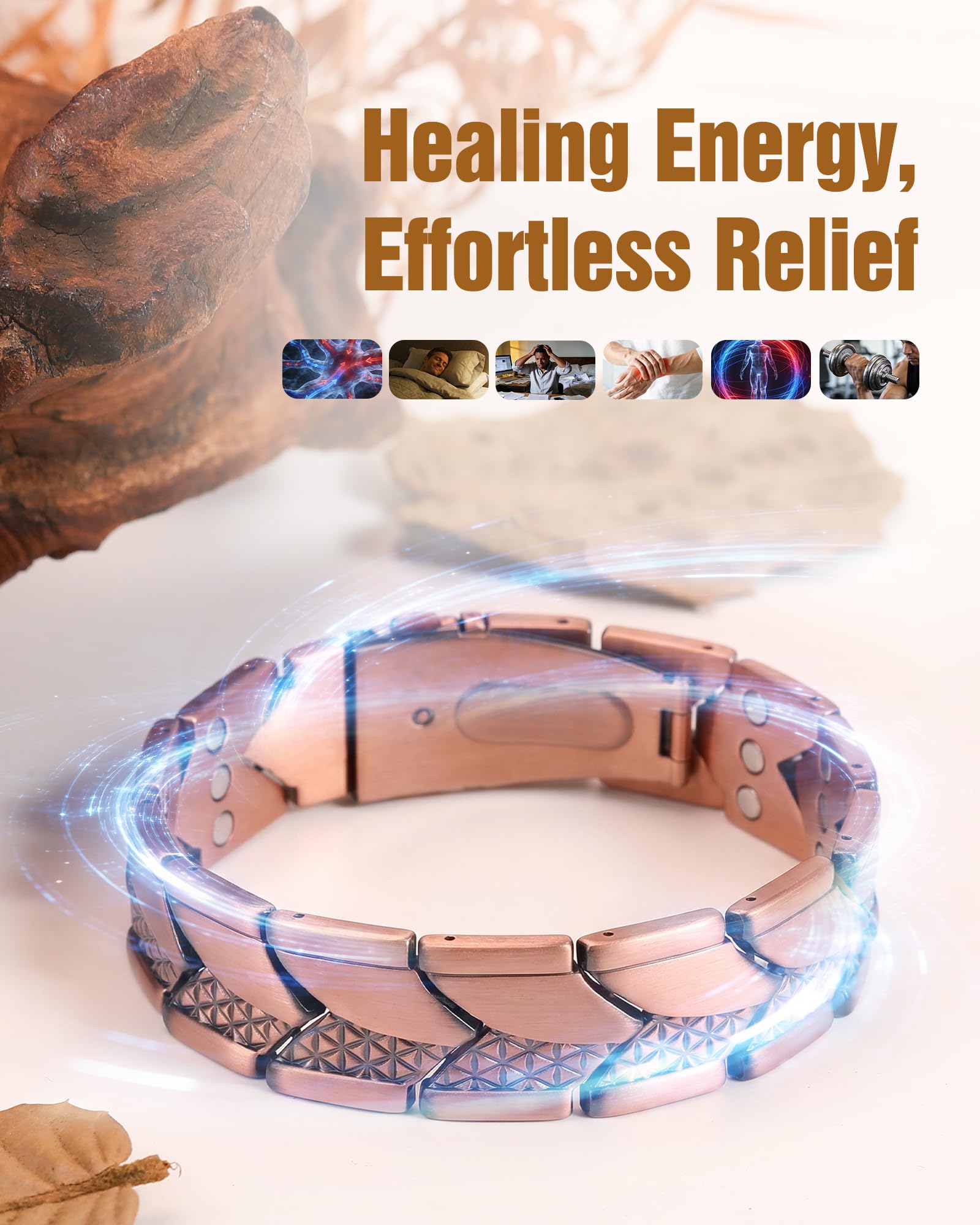 Jeracol Pulseras de cobre para hombre, pulsera magnética de cobre puro al 99 %, tamaño ajustable y caja de regalo de joyería (textura a escala)