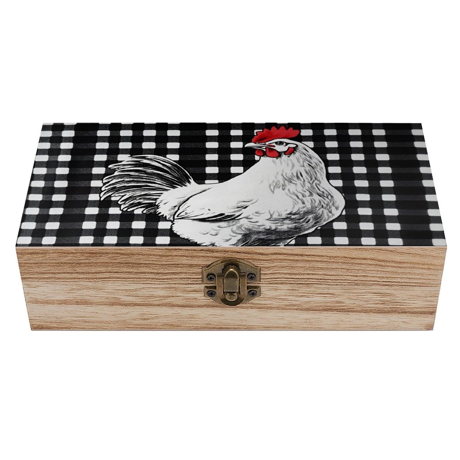 HLBSDM Chicken On Checkered Vintage Wooden Keepsake Box with Hinged Lid And Locking Clasp, Decorative Storage Box for Jewelry, Trinkets And Small Accessories, Organizer for Home Or Wedding