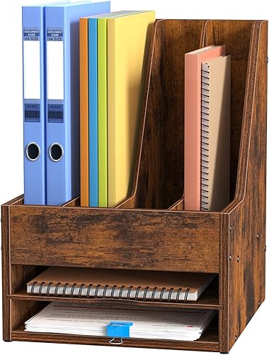 Snughome Organizador de escritorio de madera, archivador para revistas, con 2 capas y 4 columnas, organizador de archivos de escritorio para