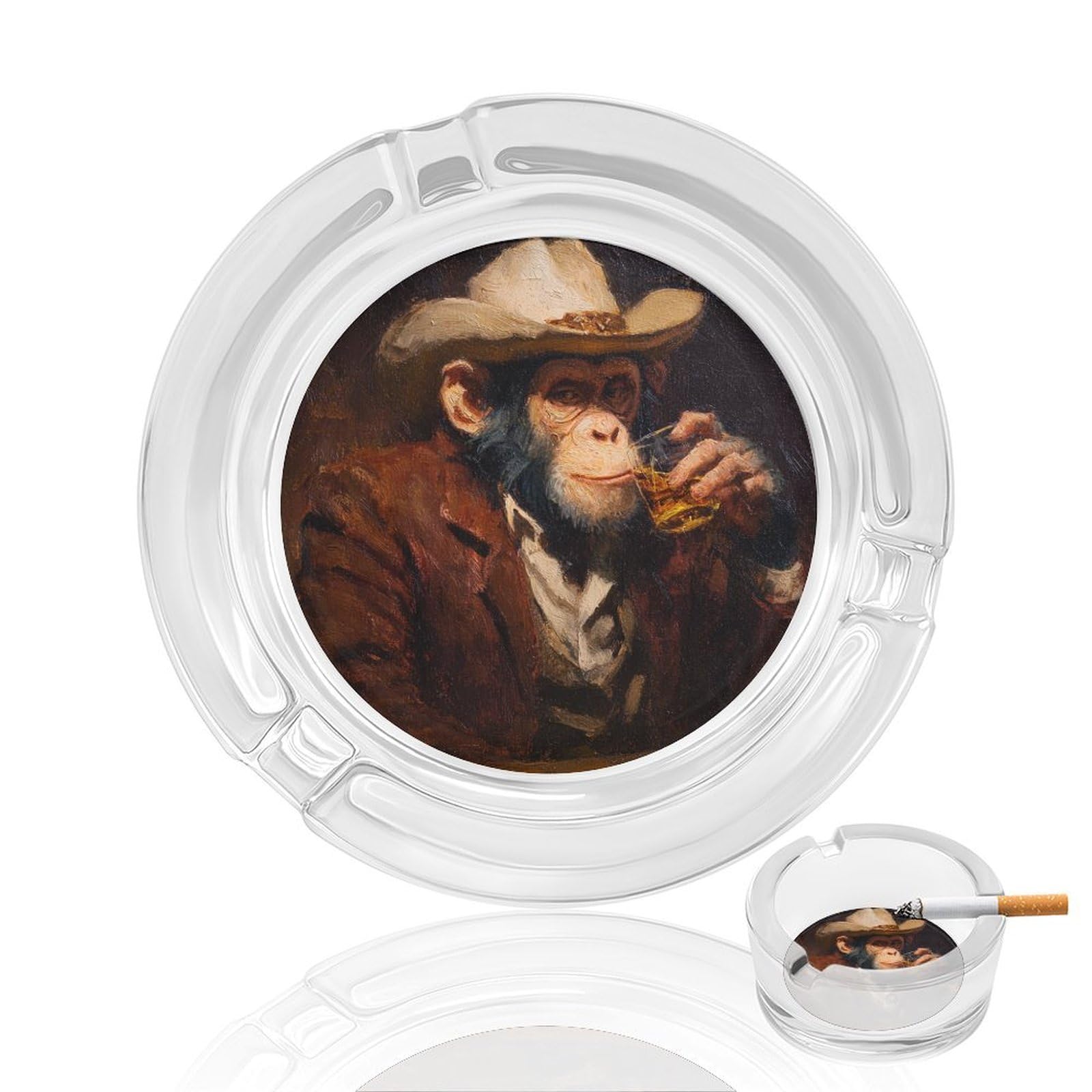 Monkey in Cowboy Attire Drinking at Bar Glass Ashtray for Cigarettes Portable Decorative Ash Trays for Home Office Decor