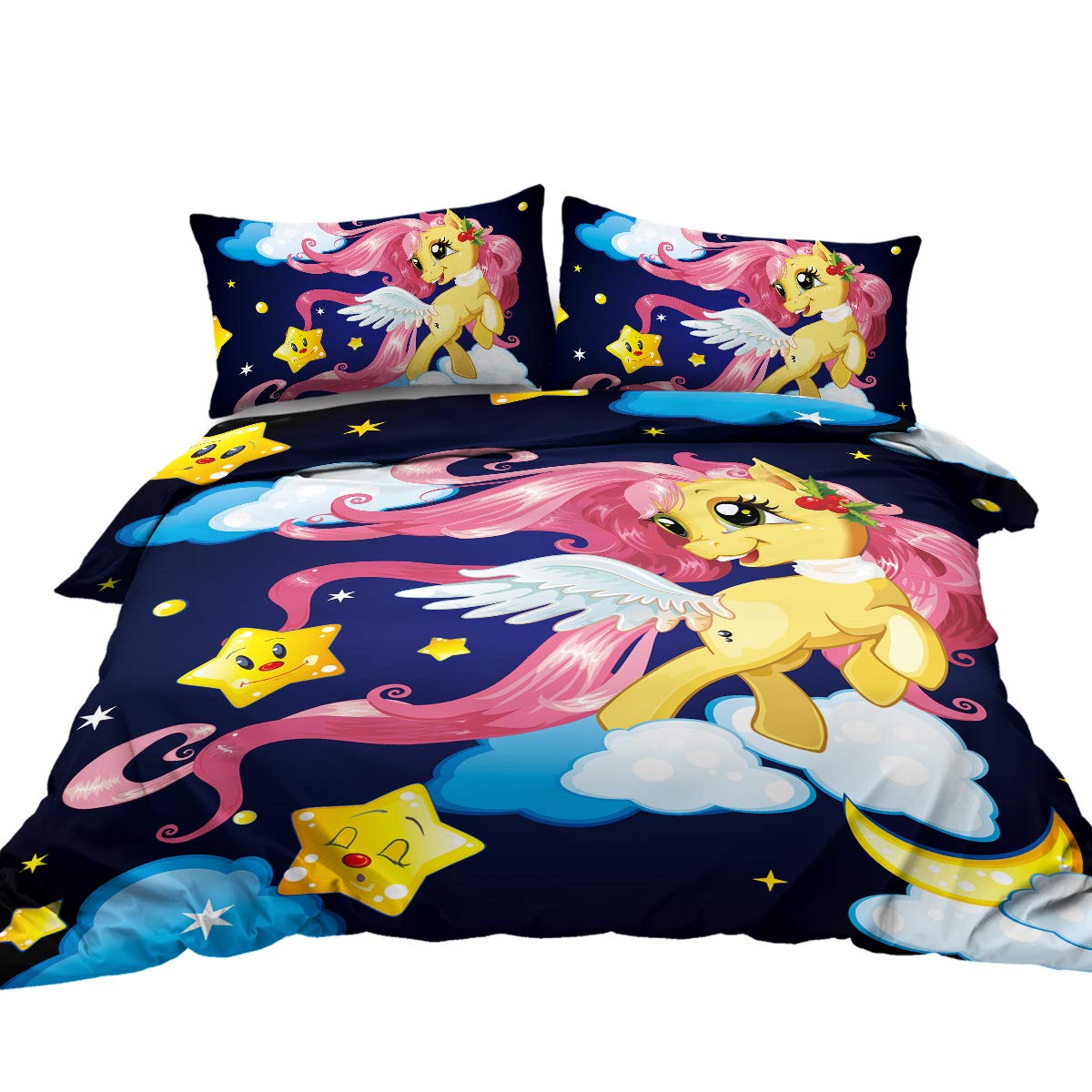 BlessLiving Yellow Unicorn Pink Hair Navy Blue Duvet Cover 3 Piece Kids Girls Bedding Quilt Cover and Sham Cartoon Unicorn Bedspreads (Full)