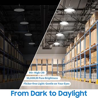GoBright 200W UFO LED High Bay Lights 5000K Daylight White, 30000LM High Bay Led Shop Lights with Plug 5ft Cable, Hanging Hook, 12inch LED Garage Lighting for Workshop Warehouse Factory Barn, 4-Pack