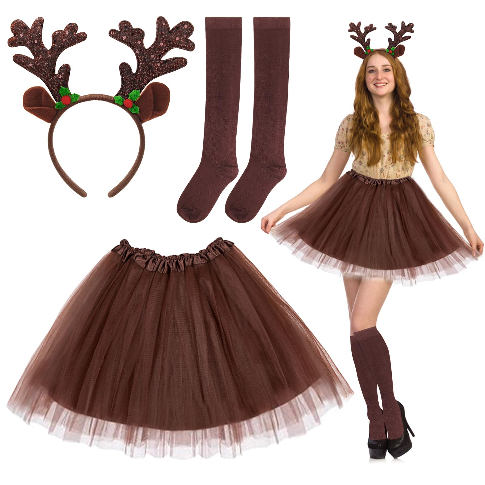 Beibeijia Disfraz de corzo para mujer, disfraz de reno para mujer, con diadema y cordero, falda de tul y calcetines, disfraz de carnaval para mujer, ciervo, disfraz de animal adulto, para Halloween,