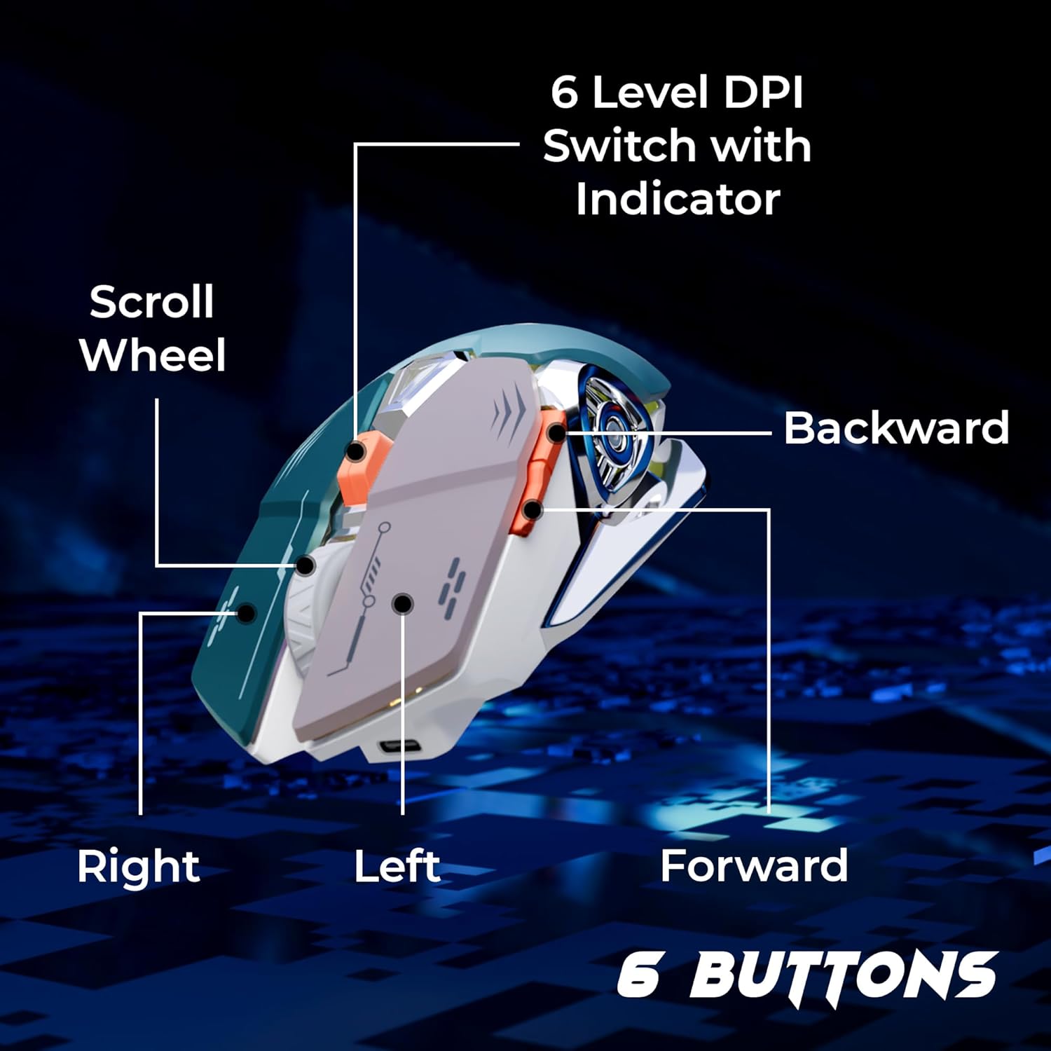 Diagram showing the 6 buttons of the ZEBRONICS Transformer M Plus gaming mouse
