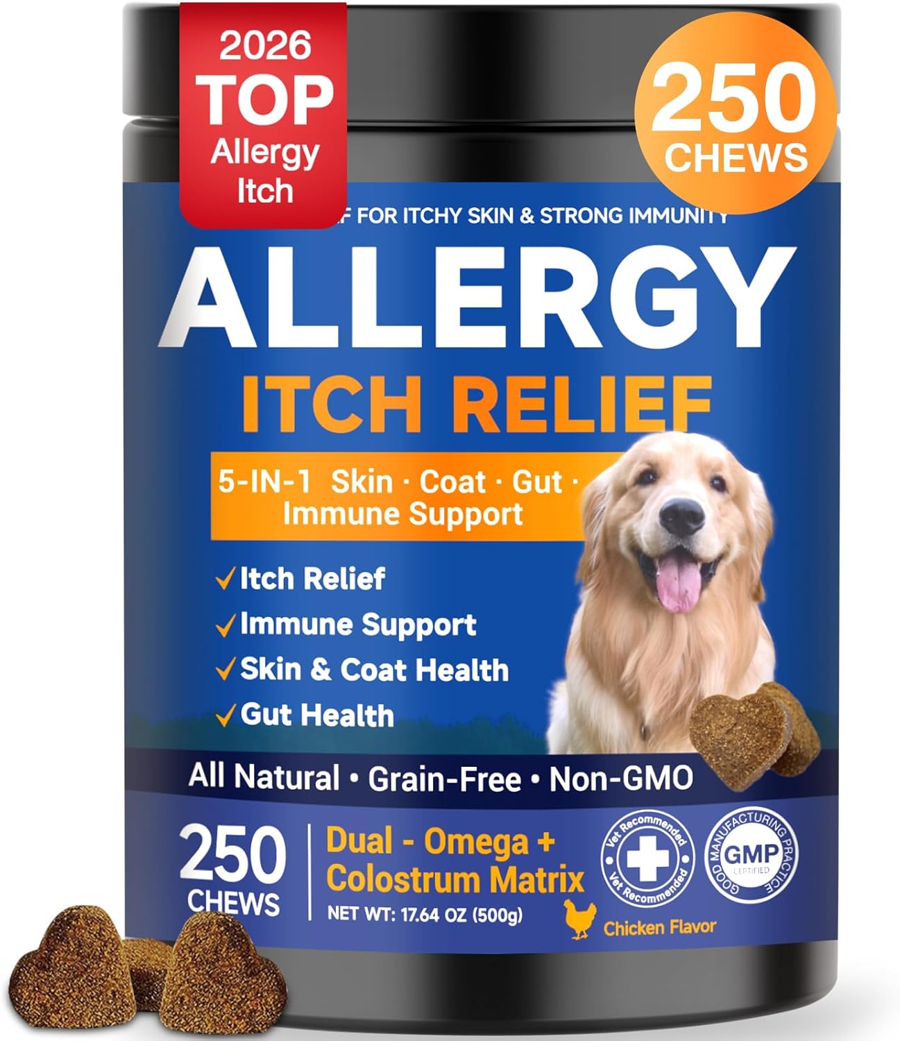 Dog Allergy Chews,is Omega 3 Human,Anti Itch Relief for Dogs Itching Skin Relief and Aller Immune Pet Multivitamin Allergy Chews Coat Licking Supplement Pills Meds Treats 250 Bites for Dogs