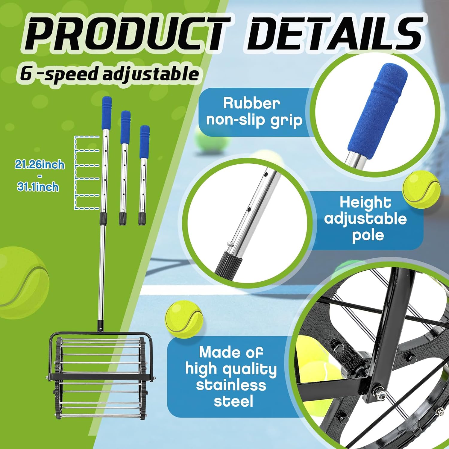 Gemscream Tennis Ball DinkBall Collector Roller, No Bending Over Quick Rolling Picker for 1.5"-3" Balls, Adjustable Golf Ball Retriever for up to 55 Tennis Balls, Large Capacity