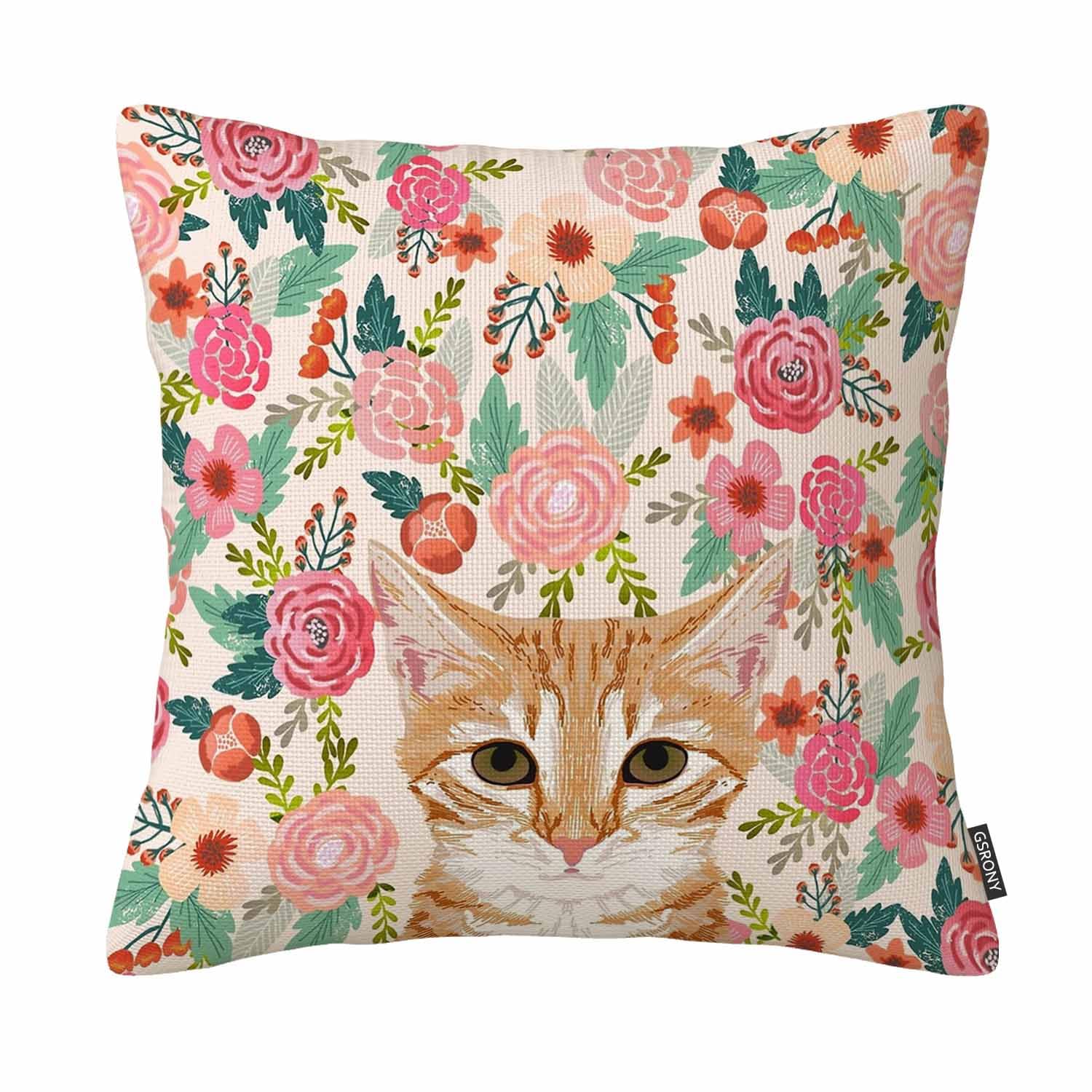 GSRONY Cat Throw Pillow Covers Orange Portrait Tabby Cat Spring Florals Cushion Pillow Case Home Decor Pillowcase 18x18 Inches