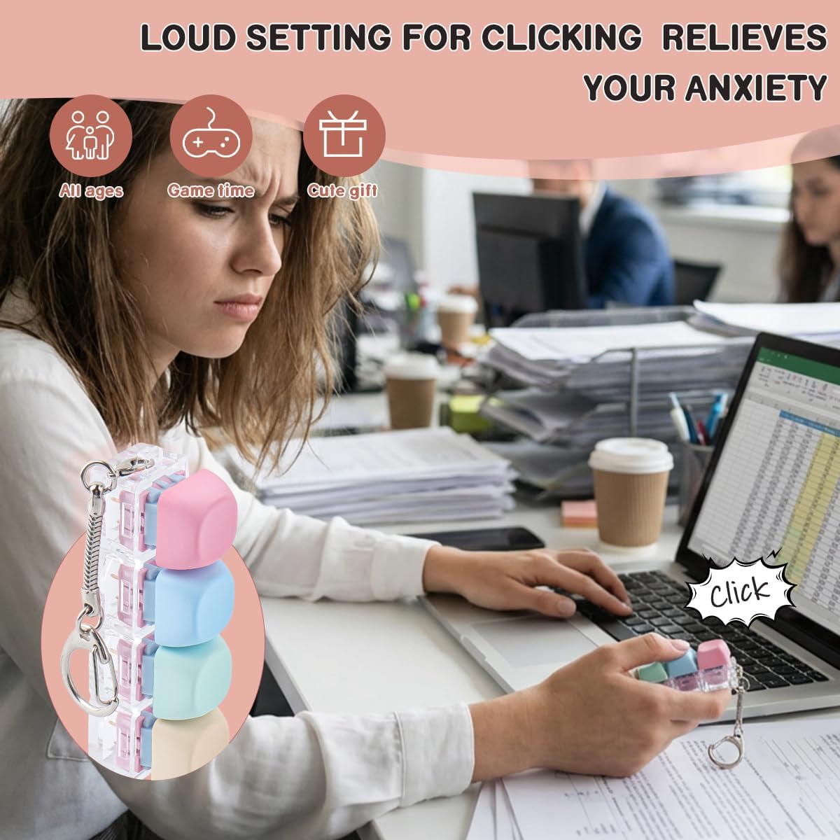 Hyekit 2 Pack Keyboard Fidget Toy - Creamy Stress Relief Fidget Clicker Keychain - MOA Keycaps with Ultra-Satisfying Tactile Feel, Quiet Fidget Toys for Adults, for Office& ADHD Focus