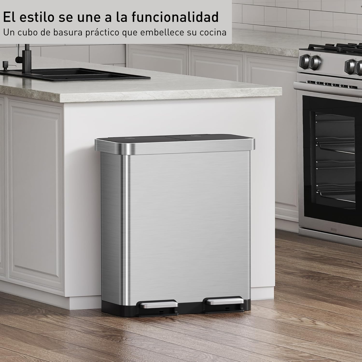 EKO Hana Deluxe Bote de Basura 40L+28L (68L) Doble Compartimento | Pedal Metálico | Acero Inoxidable Premium | Cubos Interiores Extraíbles | Ideal para Reciclaje en Cocina