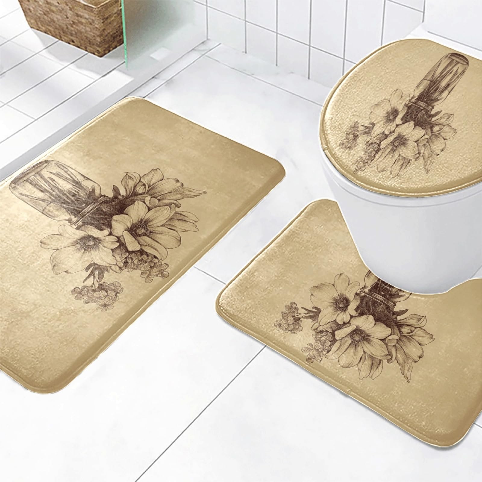 Tapis d'entrée fleur rétro 45x75cm avec tapis de bain antidérapant