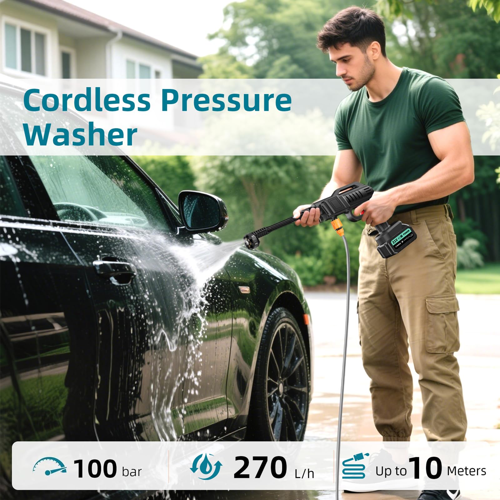 Pulitore ad alta pressione senza fili, 100 bar, 270 l/h, pressure washer, 21 V, pistola portatile con 2 batterie 3 Ah, 6 in 1, ugello, 5 m, schiuma, pistola di lavaggio mobile per auto