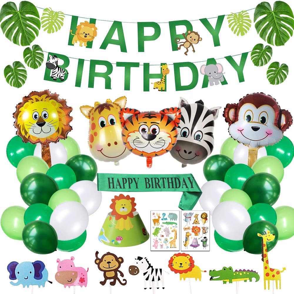 Yancan Safari Birthday Decorations Jungle Theme Party Supplies Included Happy Birthday Banner Hat Sash Animal Balloons for Kids Boys