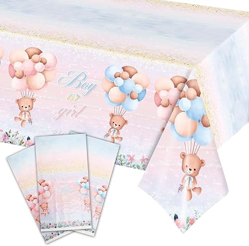 Paquete de 3 manteles de oso de peluche, manteles de plástico para revelación de género, mantel impermeable rosa y azul para niños o niñas, baby