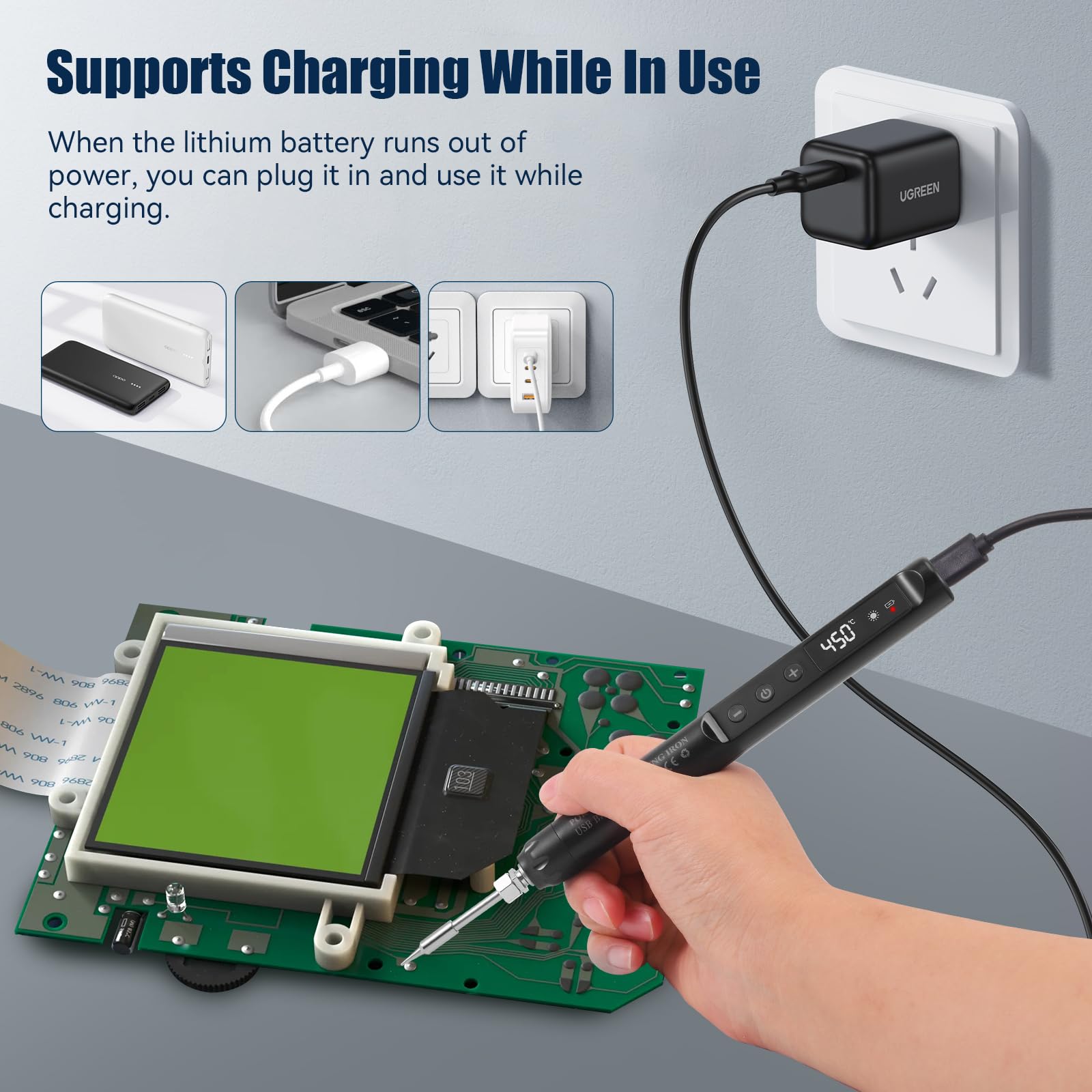 Set soldador estaño, Juego de soldador recargable por USB con pantalla LCD, temperatura ajustable de 200 a 450 °C, 3 puntas, alambre de soldadura, soldador y pasta de soldadura para soldar electronica