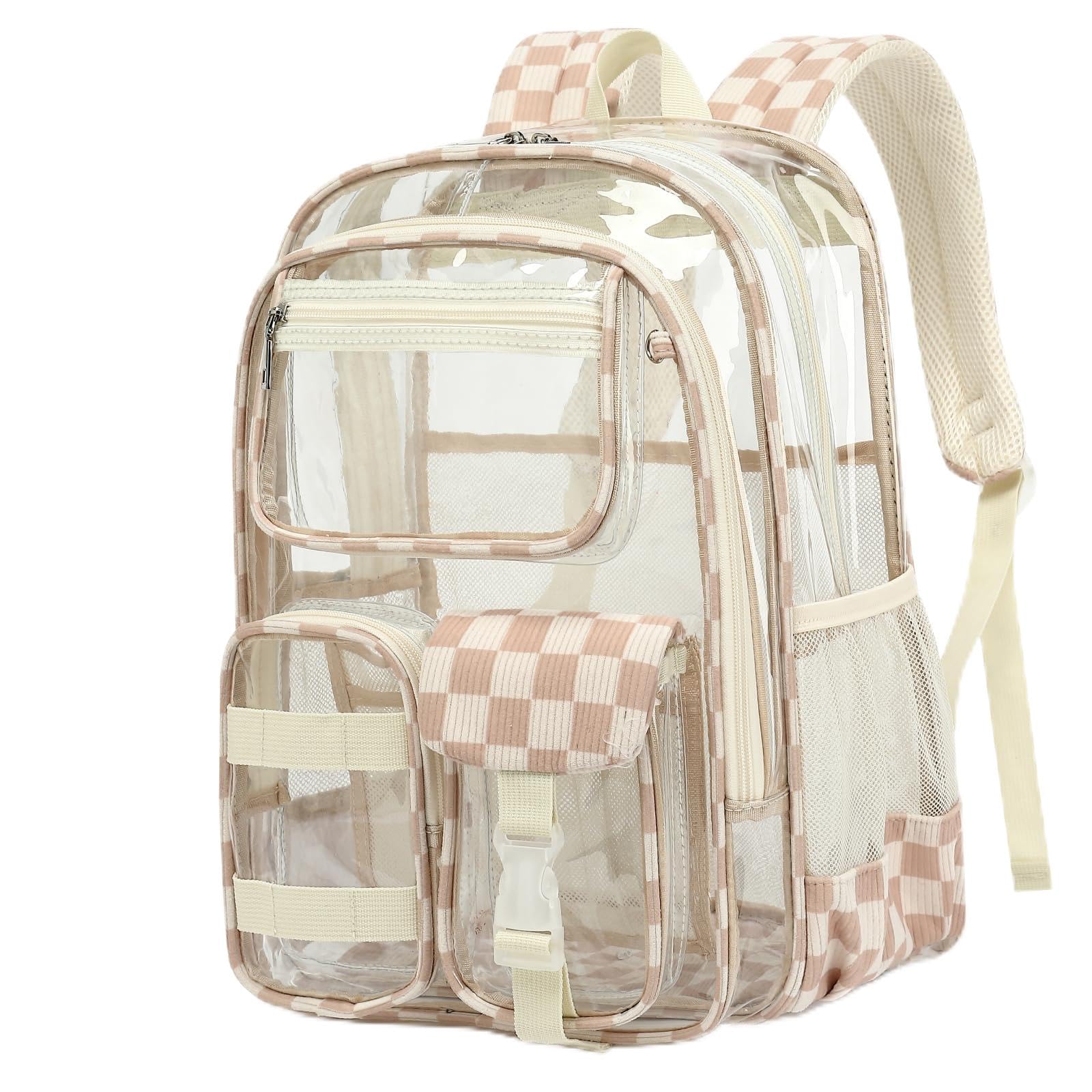 Zaino trasparente per ragazzi e ragazze, resistente, in PVC trasparente, per scuola, viaggi, lavoro e uso quotidiano, Khaki a scacchi