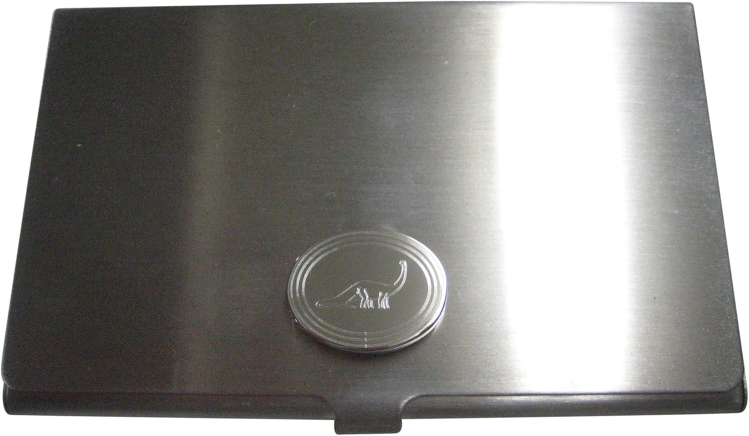 Silver Toned Etched Oval Brachiosaurus Dinosaur Business Card Holder