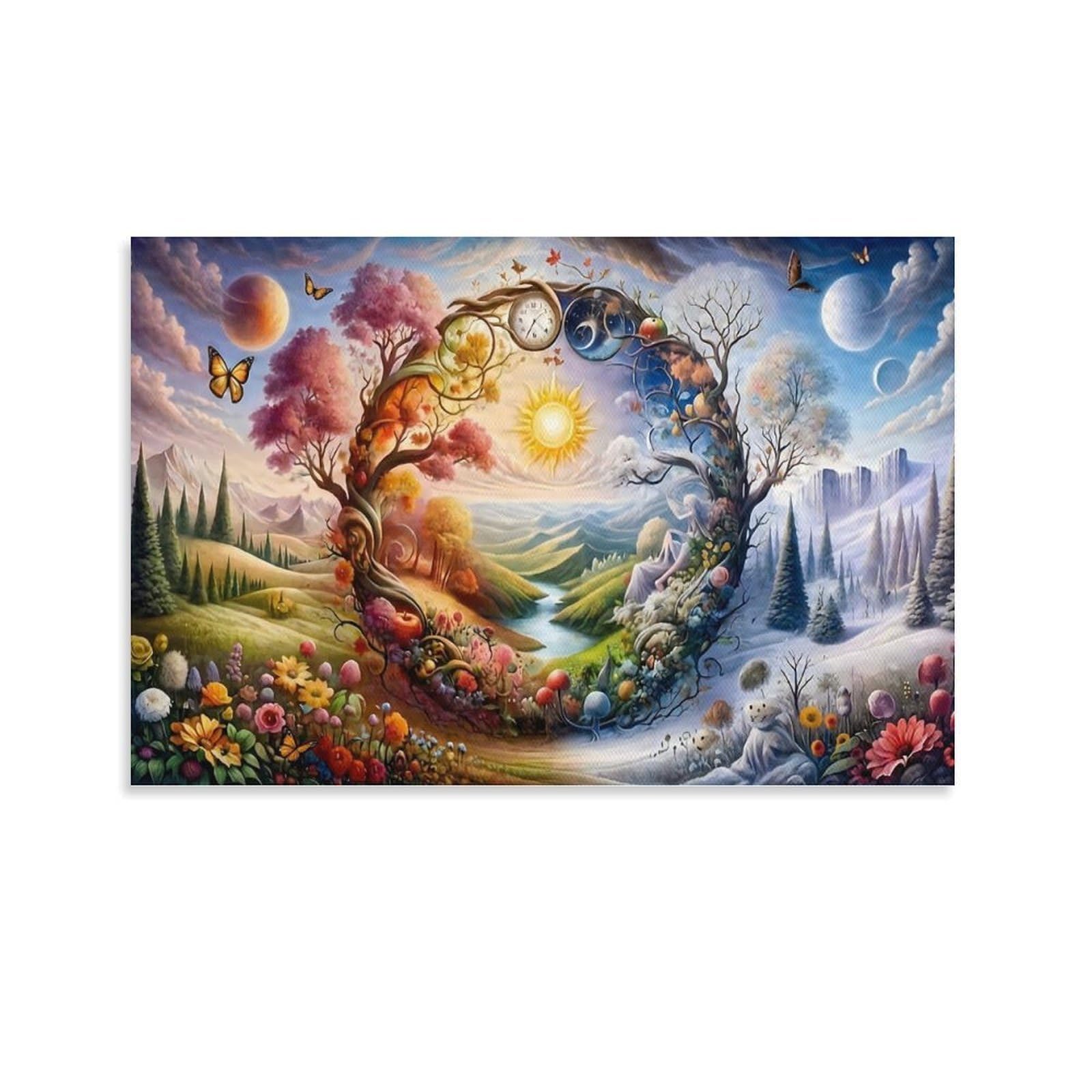 CPLVKWRQJ Seasons Cycle Fantasy Single Piece Circular Seasonal Tree with Sun And Moonscape Canvas Wall Hanging - Kitchen Removable Wall Art Focal Point Ready to Hang 24x36inch(60x90cm)
