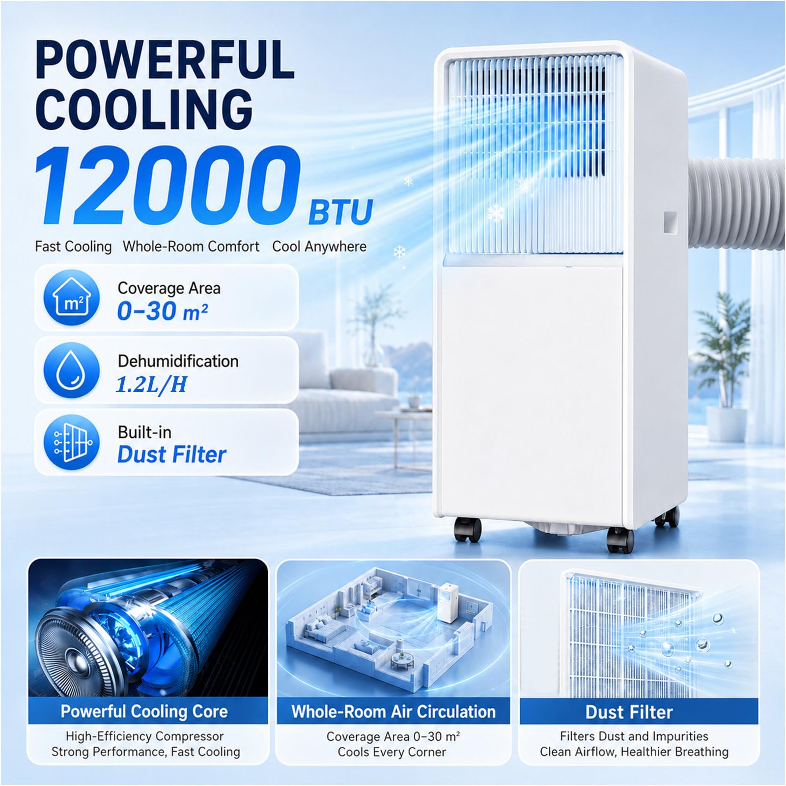 Billg Condizionatore Portatile Senza Tubo, Condizionatore Portatile 12000 Btu per Ambienti Fino a 30 M³, Raffreddamento e Deumidificazione – modalità Sonno e Timer