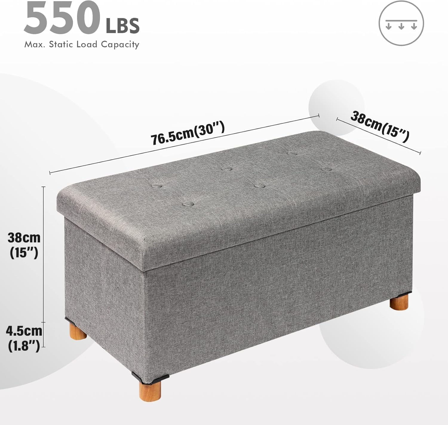PINPLUS Ottoman with Storage Coffee Table, Grey Footrest-Stool Linen Chest with Tray, Large Storage Bench Foot Rest Ottoman for Bedroom End of Bed, Living Room, Hallway, 30"x 15"x 15"