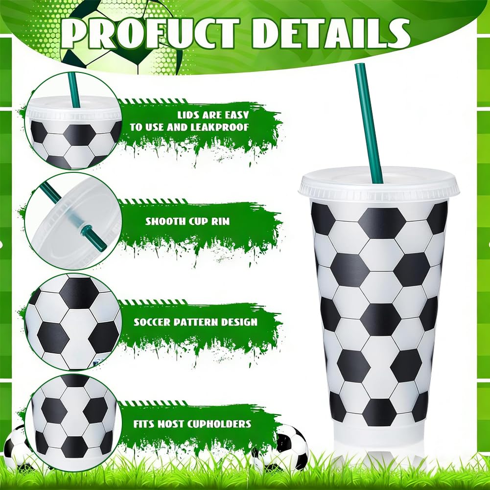 Set di 12 Bicchieri di Plastica a Tema Calcio 710ml con Coperchio e Cannuccia, Tumbler Riutilizzabile per Feste Compleanno, Decorazione per Party Sportivi, per Bambini e Adulti (Cannuccia Verde)