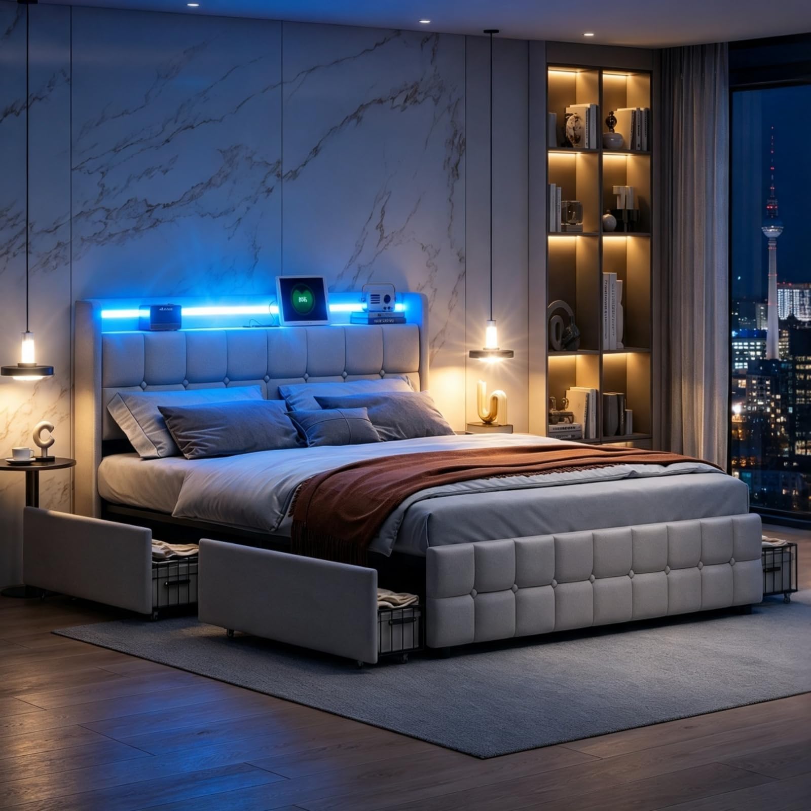 Cama Tapizada 180x200, Cama Doble con 4 Cajones, Cama Doble Tapizada con Somier, Cama Acolchada con USB y Luz LED, Marco de Cama con Cabecero, Cama de Matrimonio (Beige, Lino A, 180 × 200 cm)