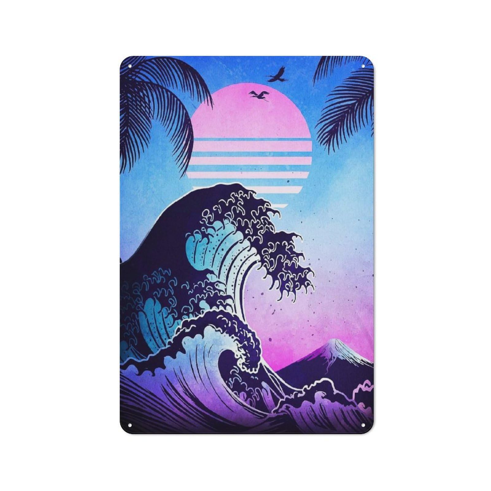 Junmoney Synthwave Wave And Sunset Country Vintage Metal Wall Decor 30X20cm, Decorative Tin Sign For Cottage, Kitchen, Hallway Or Breakfast Nook