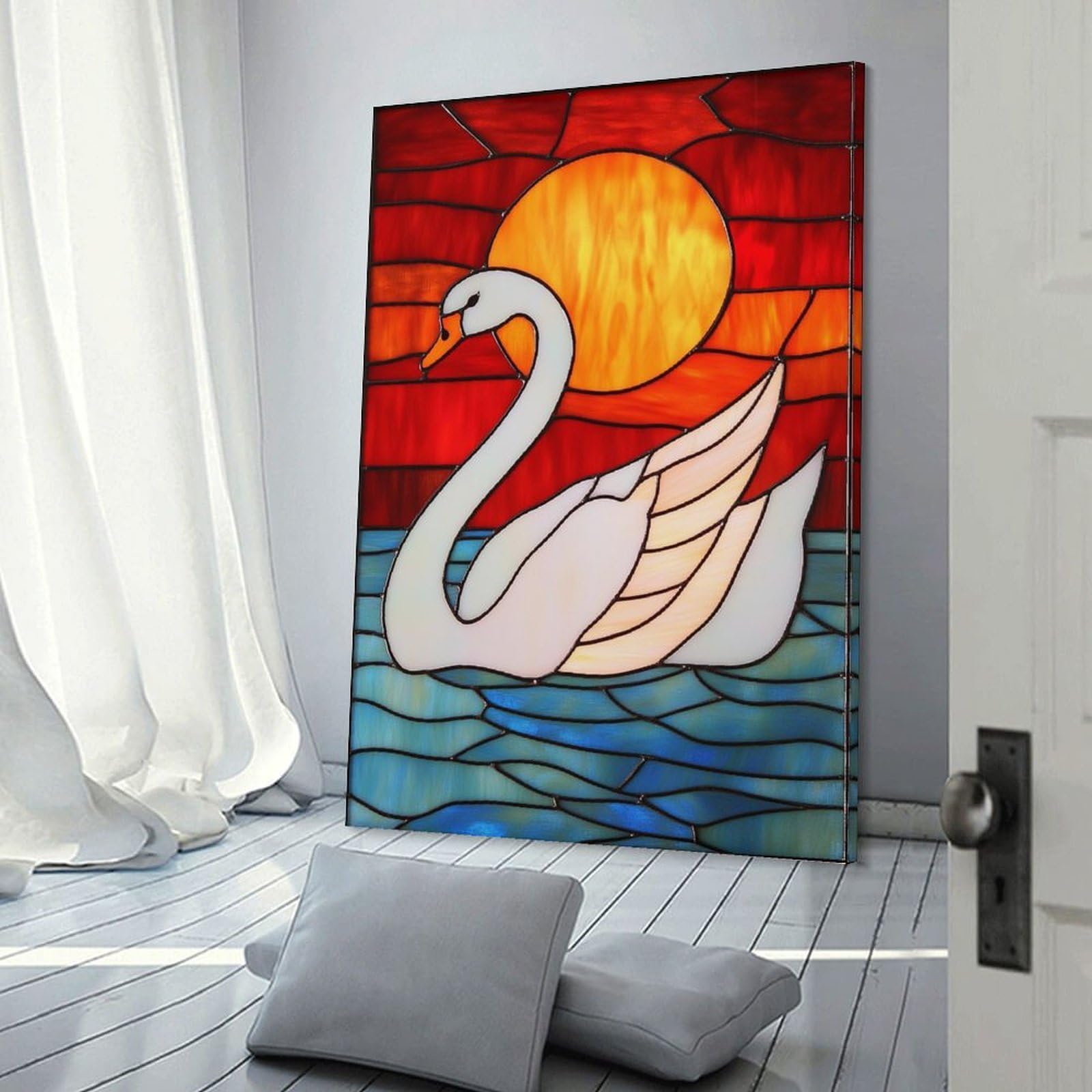 Stained Glass Swan Panel Wall Decor Canvas Print 24x36inch(60x90cm), for Lounge, Study, Hallway Or Flat Walls, Decorative Artwork with Broad Appeal