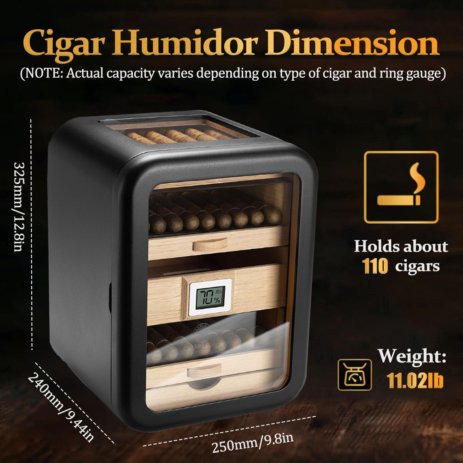 Zigarren Humidors Zedernholz mit digitalem Hygrometer, Schubladen & Luftbefeuchter, Kapazität für 110 Zigarren, ideal für Männer, Ehemann, Vater