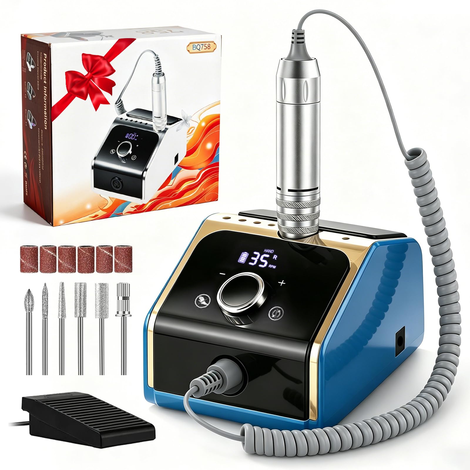 CozyZen Elektrische Nagelfräsmaschine 35.000 U/min Profi-Set | Mit LCD-Display, Hand- & Fußpedal, leise und vibrationsarm für Acryl-, Gel- & Naturnägel, Salon & Zuhause（Blau）