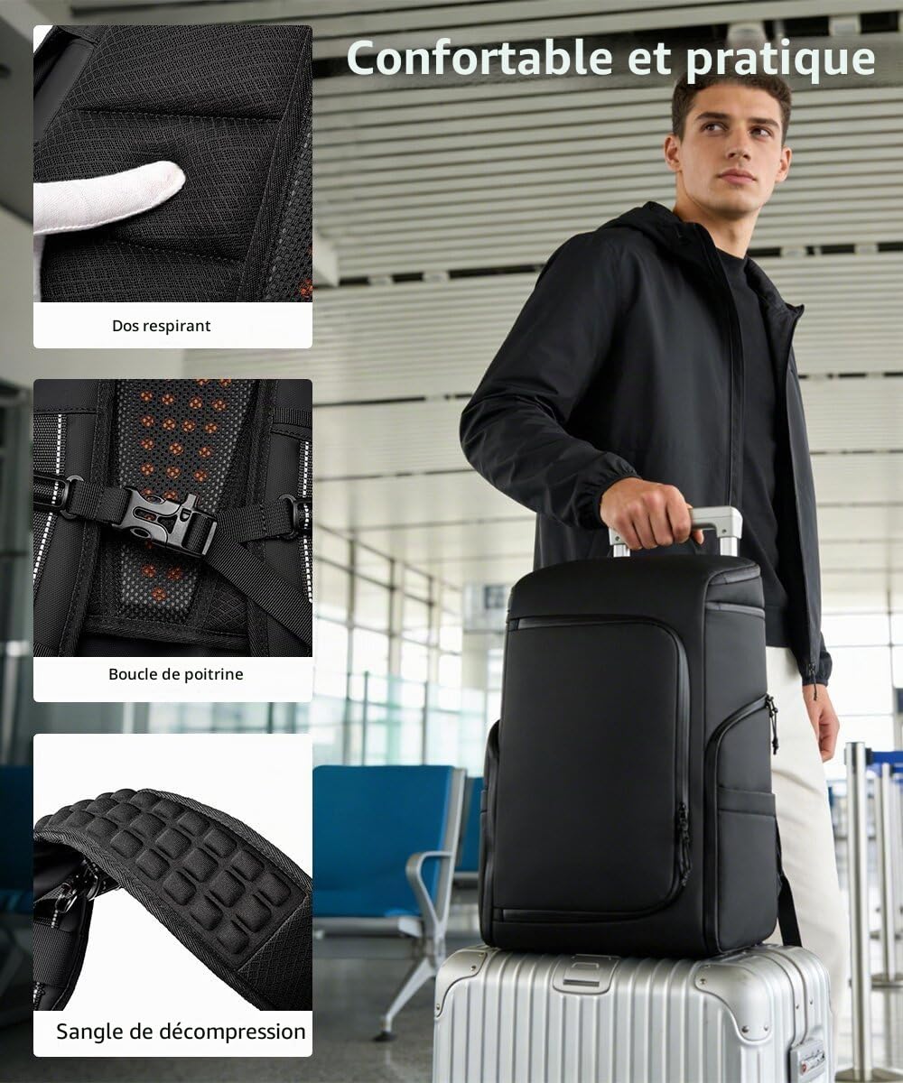 Sac à Dos d'Affaires pour Hommes 40 L Grande Capacité Sac à Dos pour Ordinateur Portable 16 Pouces Étanche Bureau Université Voyage Randonnée Noir