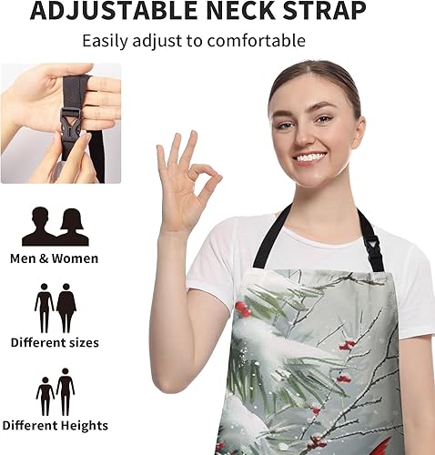 Miniatura 6 de Delantales de invierno con 2 bolsillos, diseño de pájaro cardenal para Navidad, vacaciones, nieve, escena, ajustable, para mujeres y hombres, para