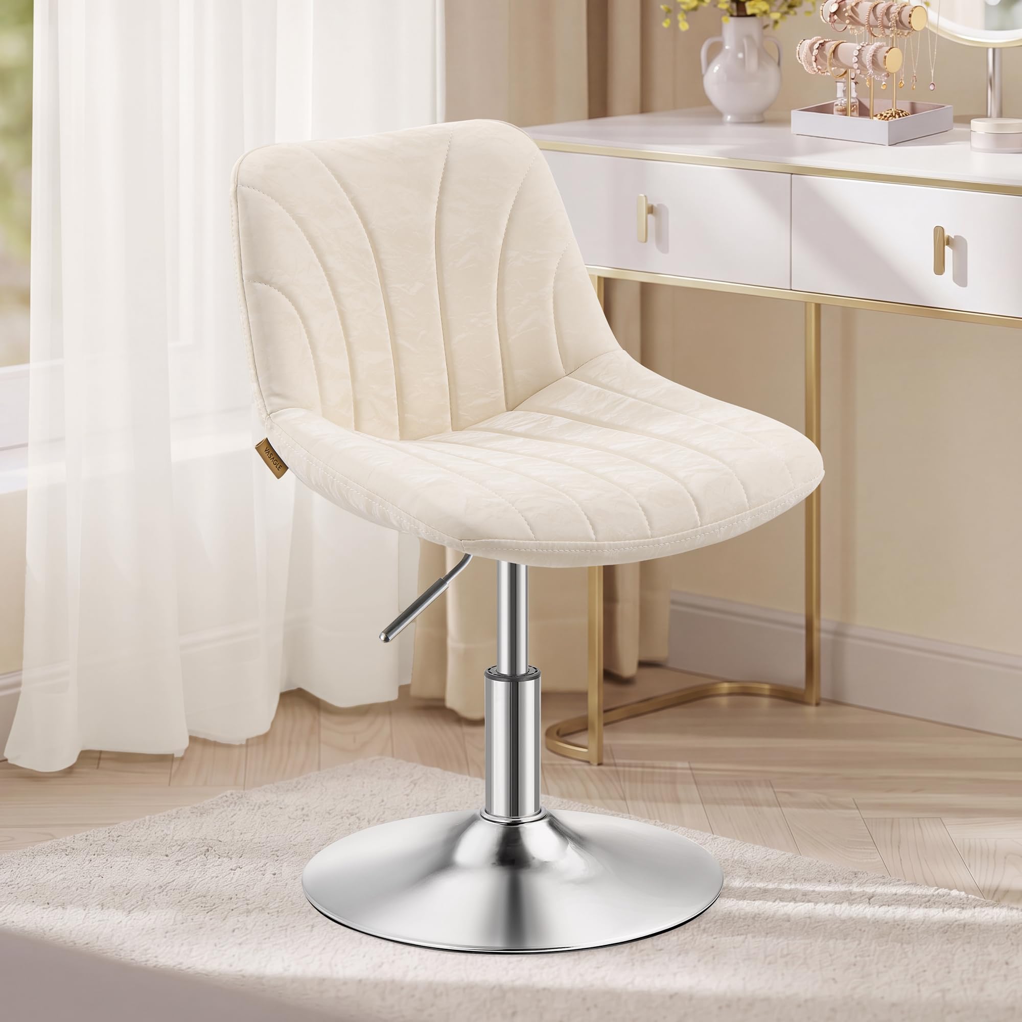 VASAGLE Dressing Table Chair, Height Adjustable Bar Stool with Back, 360° Swivel Beauty Stool for Bedroom, Dining Room, Home Office, PU Leather, Warm White LJB160W101