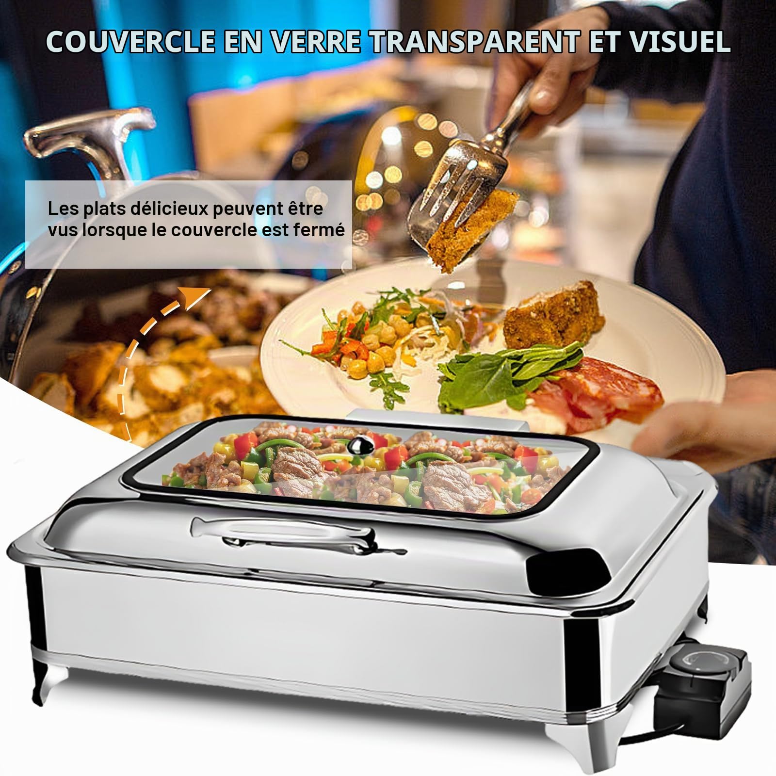 9L Chafing Dish Electrique, Chauffe-Plats Électrique Buffet Server, Acier Inoxydable Buffet Chauffant pour Restauration, Buffet fêtes, Température Réglable 30-85°C (1/3)