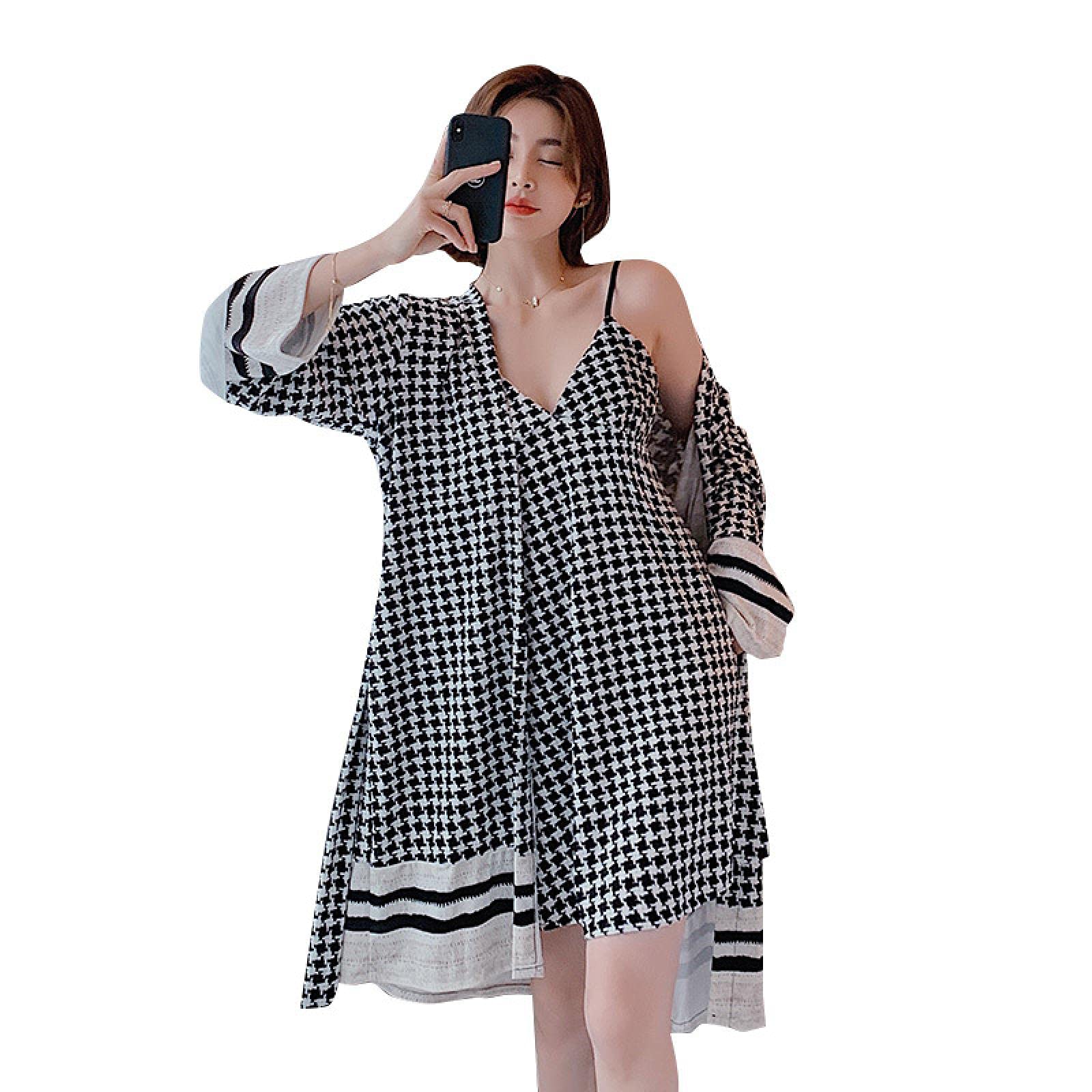Robe de chambre pour femme à imprimé écossais ensemble de nuit M noir et blanc