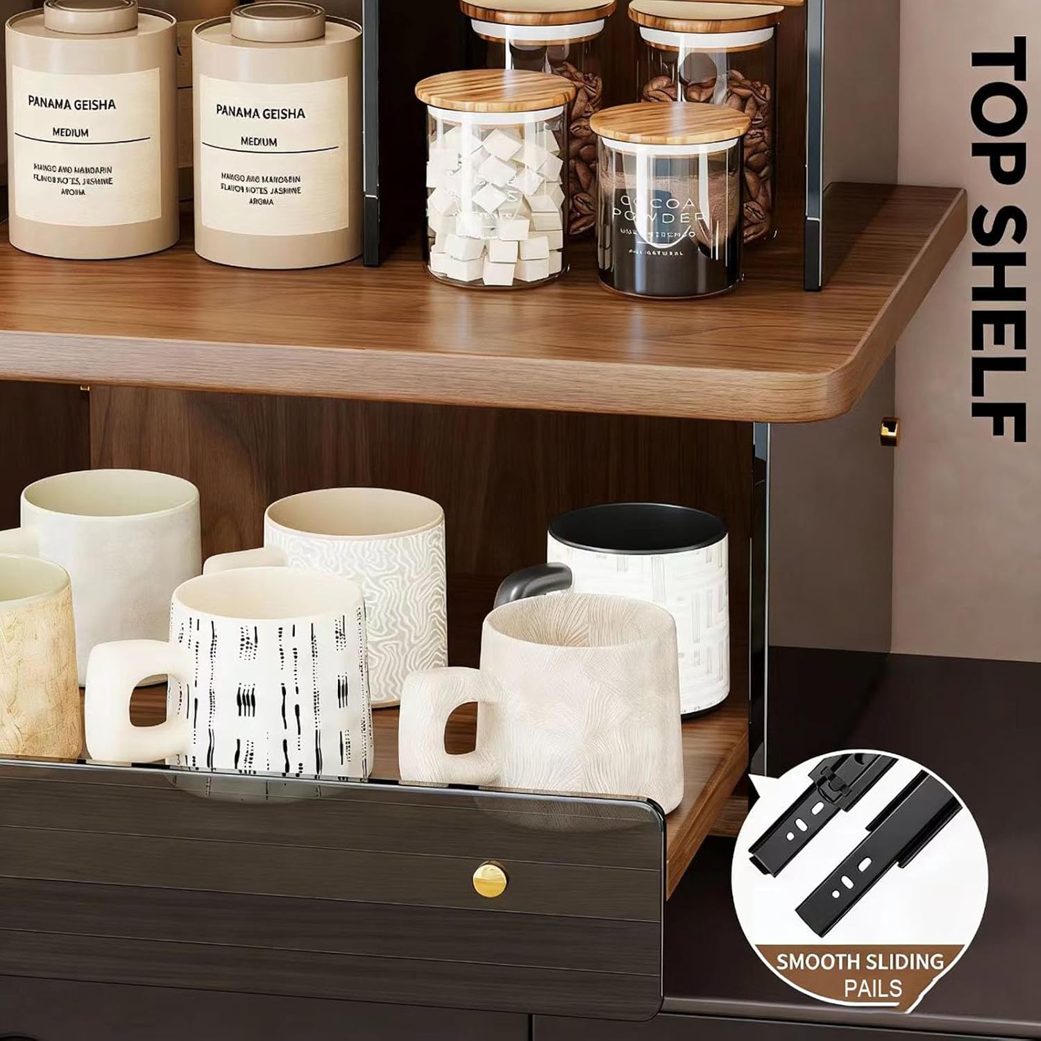 Acrylic Coffee Cup Display Shelf, Multi-Layer Countertop Mug Organizer with Pull-Out Drawer, Retro Water-Ripple Design, 2-Tier Storage Rack for Kitchen, Coffee Bar, or Entryway (Walnut with Black Tea)