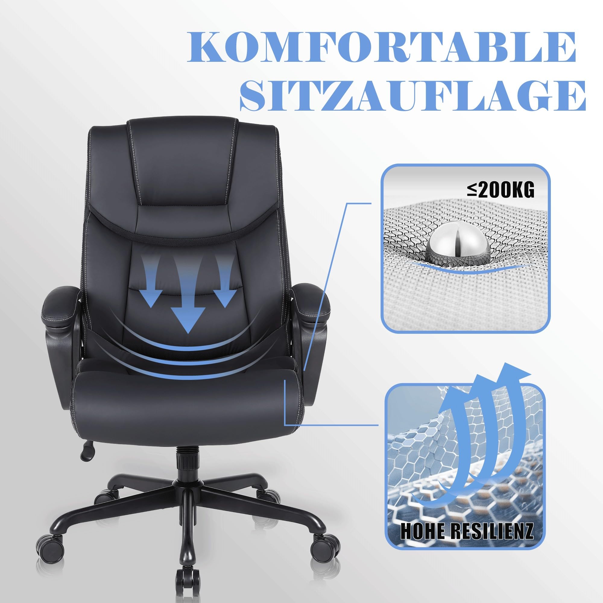 Bürostuhl Ergonomisch, Chefsessel Pu Leder, Schreibtischstuhl, Drehstuhl mit Wippfunktion, Höhenverstellbar, für Büro, Gaming, Schwarz