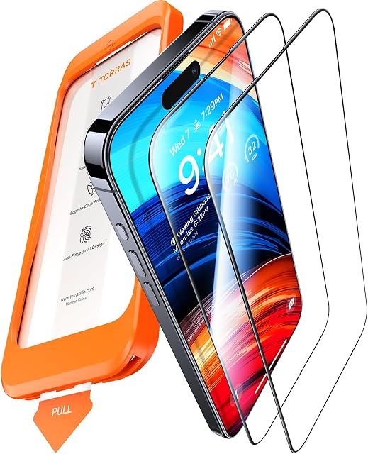 TORRAS [Pełne szkło hartowane do iPhone'a 15 Pro, wojskowe nietłukące się] [9H odporne na zarysowania] [Bez pęcherzyków powietrza bez kurzu] Najdłuższa trwała osłona ekranu iPhone 15 Pro szkło