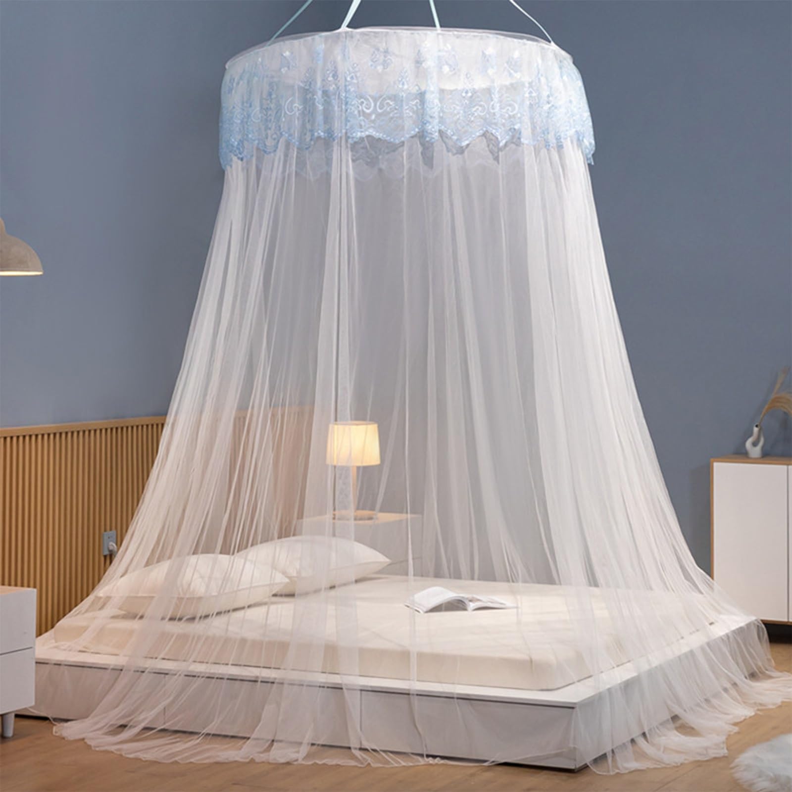 SARKEY Transparenter Netz Kuppel Bettvorhang,Prinzessinnen Betthimmel,luxuriöse Spitze,Runde,Eleganter,Einzel,Doppel,Queen,Für Erwachsene,Hochzeit Dekoration