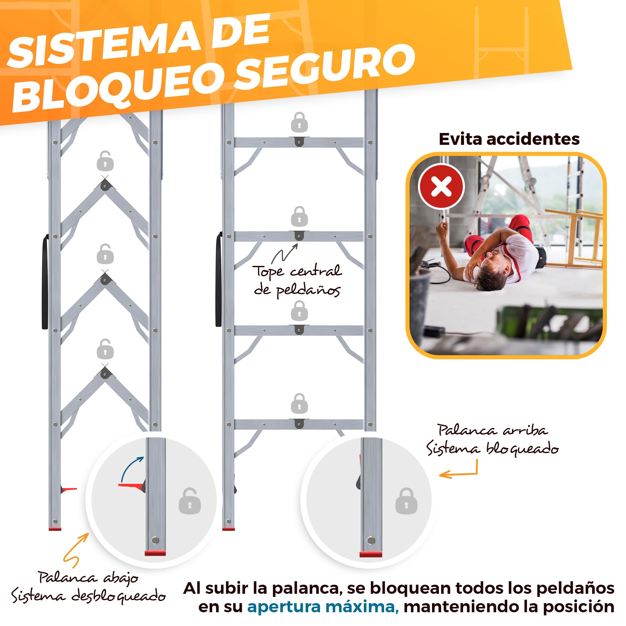 Escalera Plegable de Aluminio 5 Peldaños - Escaleras Plegables Aluminio 180 cm - Segura y Antideslizante para Hogar, Taller y Construcción - Plegado Compacto y Rápido para Espacios Reducidos