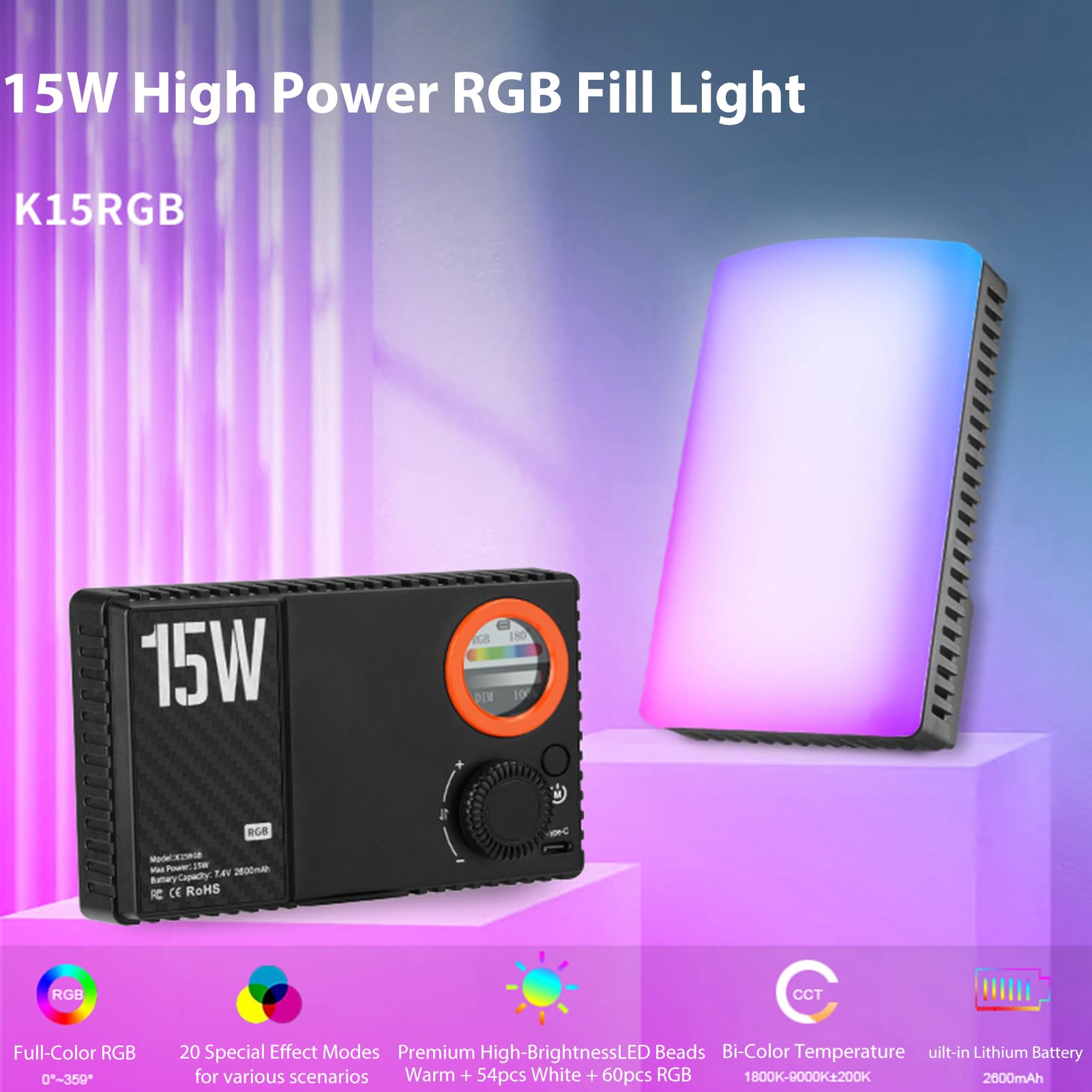 Andoer Luz Relleno Portátil K15RGB RGB, 15W 168 Luces Video LED 1800K 9000K Regulable, con Batería 2600mAh Carga Tipo C, para Fotografía Vlog Retrato Boda